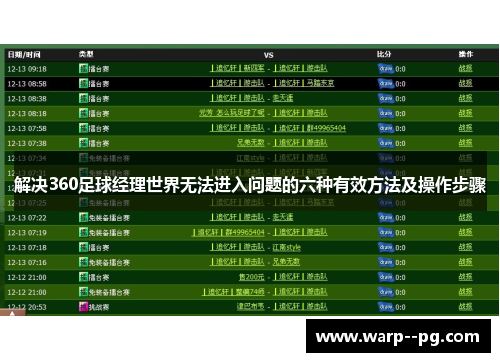 解决360足球经理世界无法进入问题的六种有效方法及操作步骤