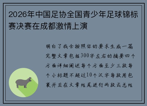 2026年中国足协全国青少年足球锦标赛决赛在成都激情上演 2026年中国足协全国青少年足球锦标赛决赛在成都激情上演