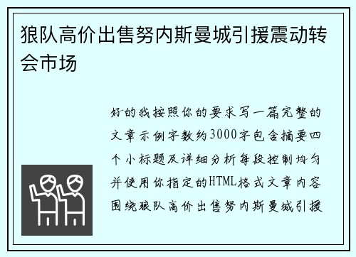 狼队高价出售努内斯曼城引援震动转会市场
